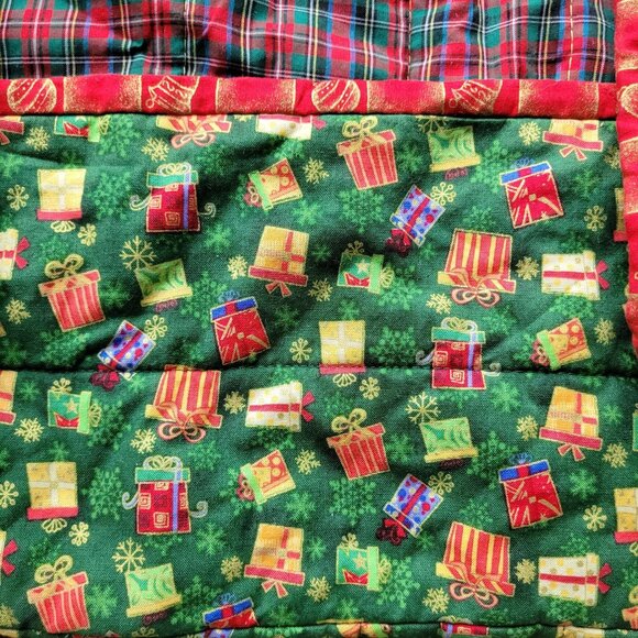 Square Quilted Christmas Tree Skirt Collar Gift Print Plaid Hand‎ Made 24" - Picture 7 of 9